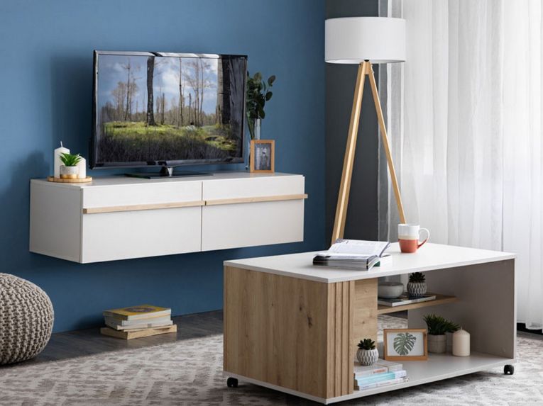 Mobile Porta tv Bianco Crema Marrone Rovere un Ripiano 2 Vani 128x41.5x32h cm, 2 Ante - Sirolo