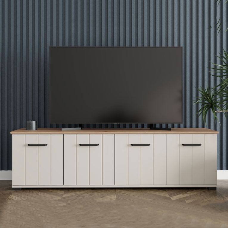 Mobile Porta tv Bianco Crema Marrone Rovere un Ripiano 4 Ante 156x40x44h cm, con Piedini - Erbez
