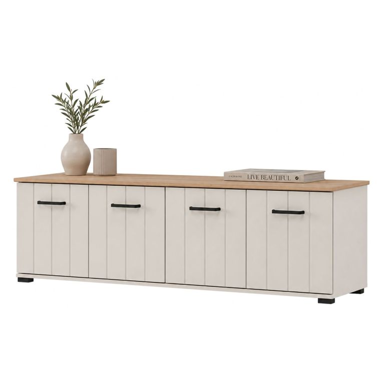 Mobile Porta tv Bianco Crema Marrone Rovere un Ripiano 4 Ante 156x40x44h cm, con Piedini - Erbez