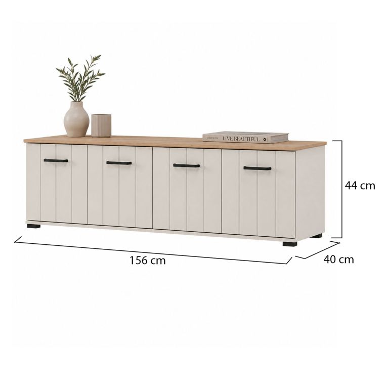 Mobile Porta tv Bianco Crema Marrone Rovere un Ripiano 4 Ante 156x40x44h cm, con Piedini - Erbez
