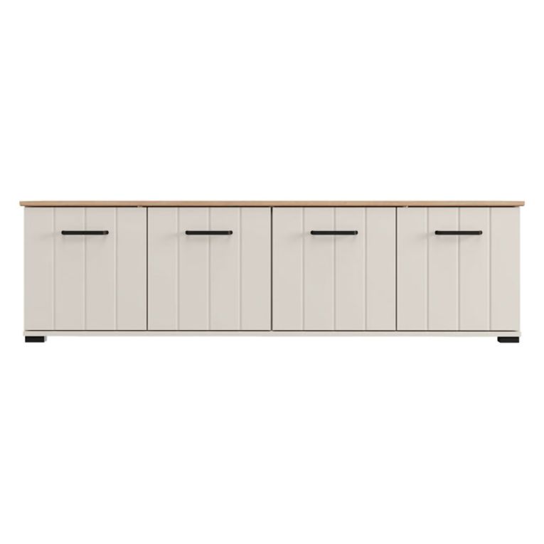 Mobile Porta tv Bianco Crema Marrone Rovere un Ripiano 4 Ante 156x40x44h cm, con Piedini - Erbez