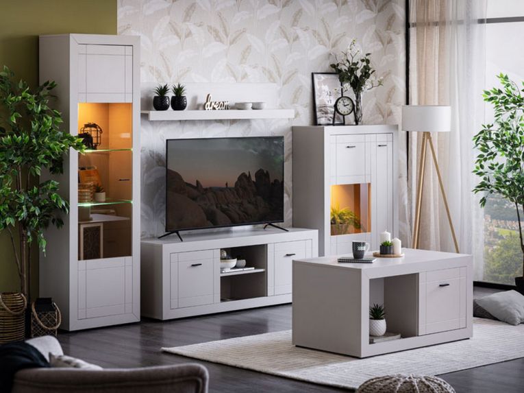Mobile Porta tv Bianco Crema Nero 2 Ripiani 2 Ante 147.5x41.5x53.5h cm, 4 Vani - Sillaro