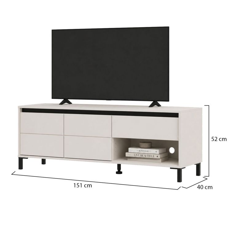 Mobile Porta tv Bianco Crema Nero un Cassetto 2 Ripiani 151x40x52h cm, 2 Ante - Corciano