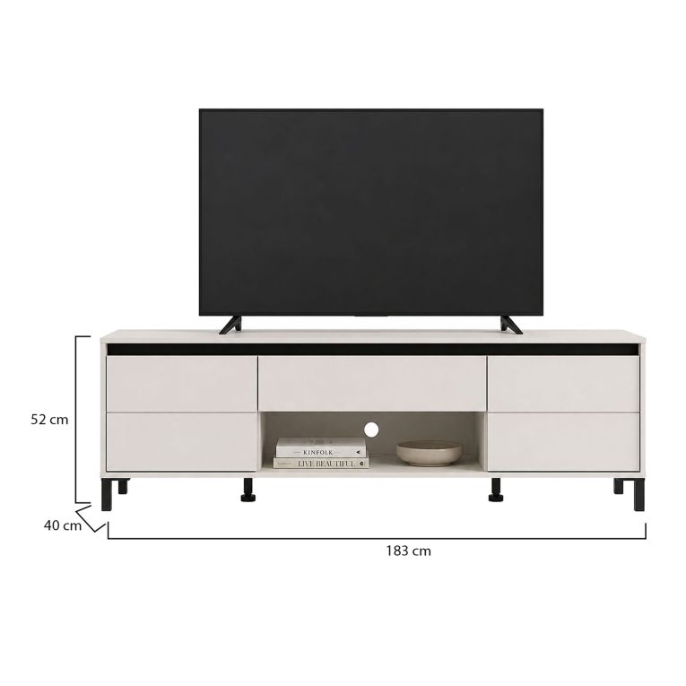 Mobile Porta tv Bianco Crema Nero un Cassetto un Ripiano 183x40x52h cm, 2 Ante - Celico