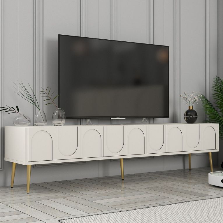 Mobile Porta tv Bianco Crema oro 3 Ante Apertura a Ribalta 180x35x43h cm, 3 Vani - Marnate