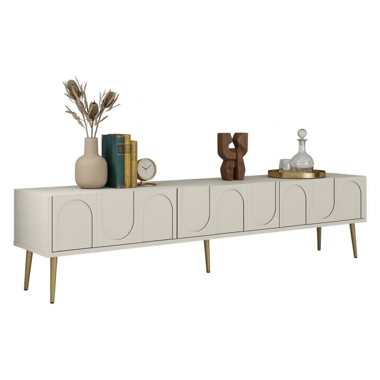 Mobile Porta tv Bianco Crema oro 3 Ante Apertura a Ribalta 180x35x43h cm, 3 Vani - Marnate