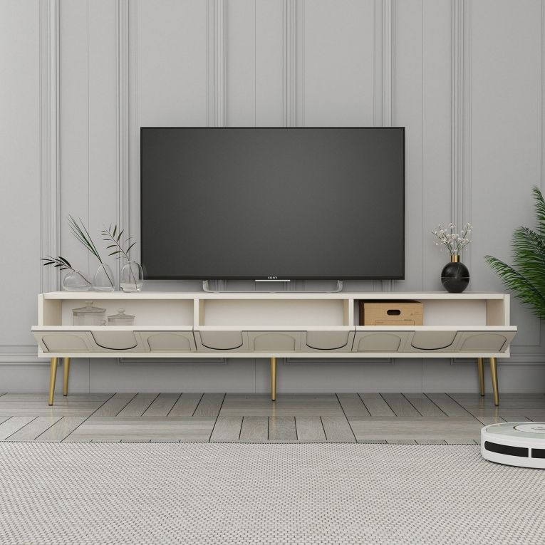 Mobile Porta tv Bianco Crema oro 3 Ante Apertura a Ribalta 180x35x43h cm, 3 Vani - Marnate