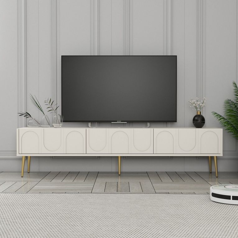 Mobile Porta tv Bianco Crema oro 3 Ante Apertura a Ribalta 180x35x43h cm, 3 Vani - Marnate