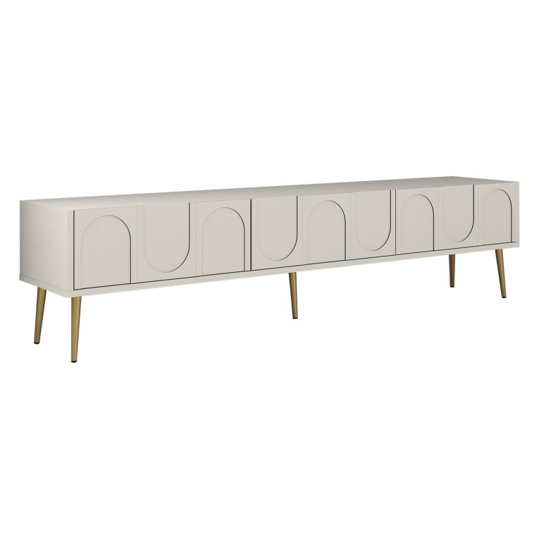 Mobile Porta tv Bianco Crema oro 3 Ante Apertura a Ribalta 180x35x43h cm, 3 Vani - Marnate