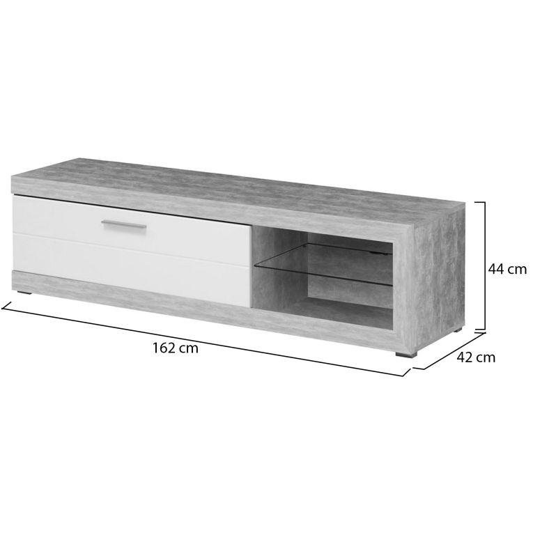 Mobile Porta tv Bianco Grigio Cemento 2 Ripiani Un'anta 162x41.5x43.5h cm, Ripiano in Vetro - Pompu