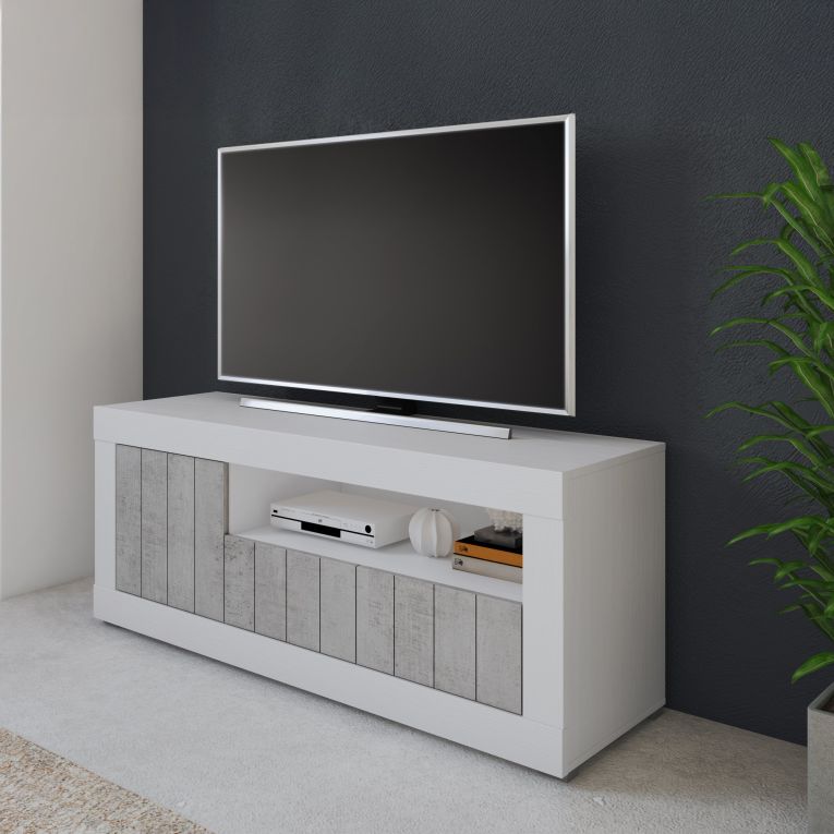 Mobile Porta tv Bianco Grigio Cemento Cassetti Ripiani 137x42x56h cm, 3 Ante - Lucino