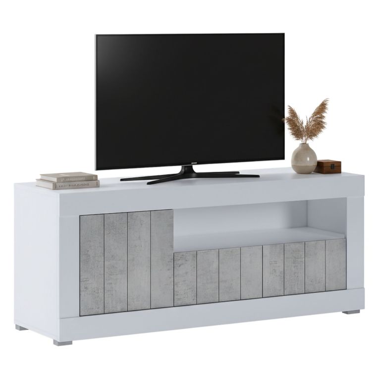 Mobile Porta tv Bianco Grigio Cemento Cassetti Ripiani 137x42x56h cm, 3 Ante - Lucino