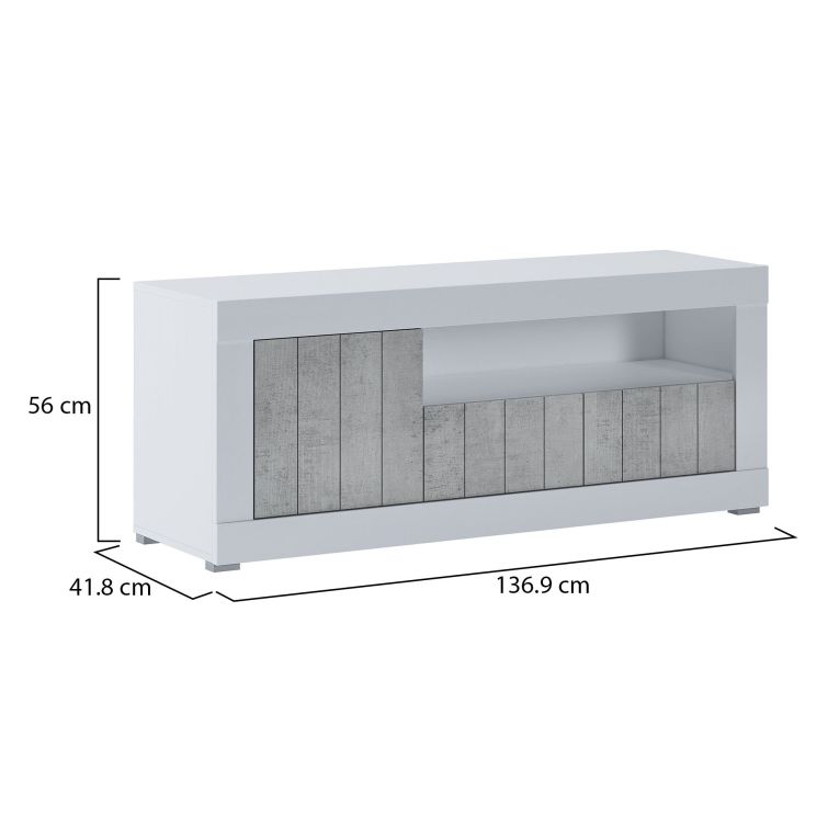 Mobile Porta tv Bianco Grigio Cemento Cassetti Ripiani 137x42x56h cm, 3 Ante - Lucino