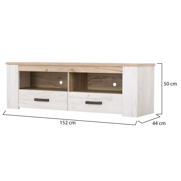 Mobile Porta tv Bianco Larice Marrone Rovere 2 Cassetti 3 Ripiani 151.5x43.5x49.5h cm, 2 Vani - Scorze