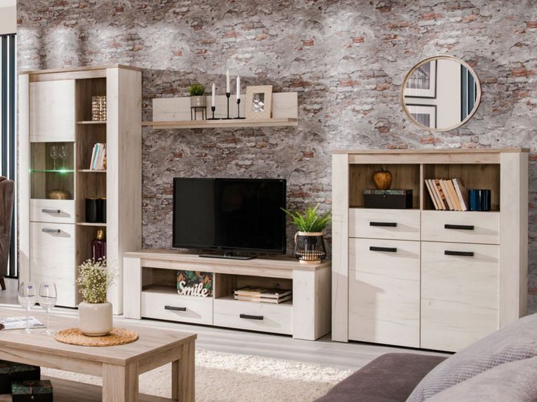 Mobile Porta tv Bianco Larice Marrone Rovere 2 Cassetti 3 Ripiani 151.5x43.5x49.5h cm, 2 Vani - Scorze