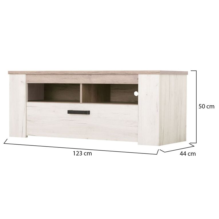 Mobile Porta tv Bianco Larice Marrone Rovere 3 Ripiani 4 Vani 122.5x43.5x49.5h cm, Un'anta - Castalda