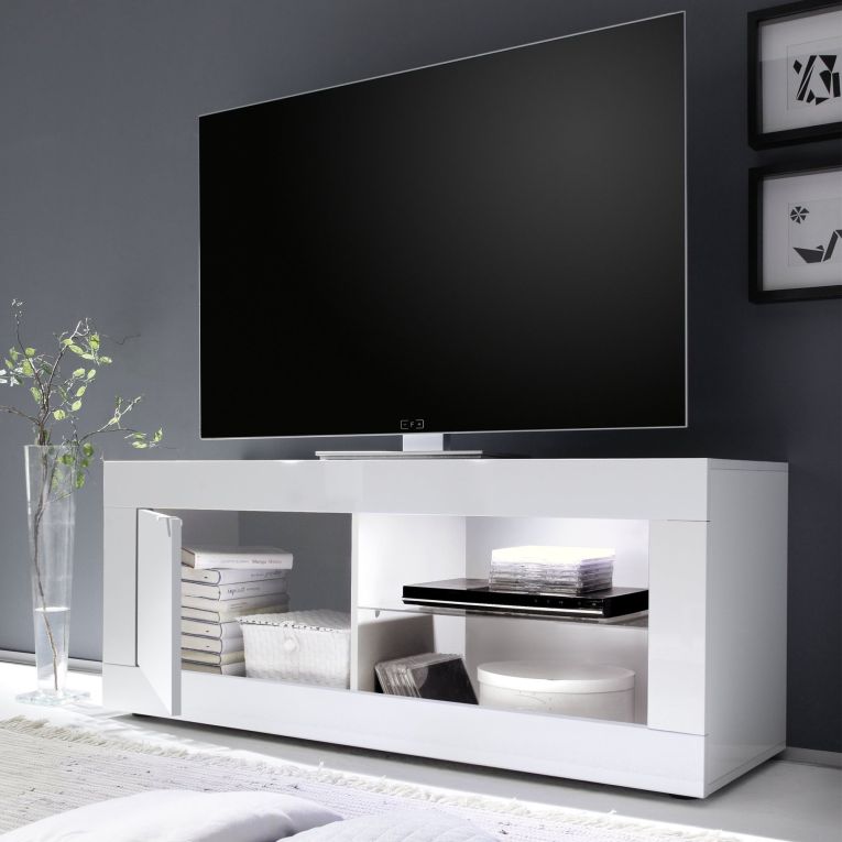 Mobile Porta tv Bianco Lucido 2 Ripiani Apertura Maniglia 140x43x56h cm, 4 Vani Made in Italy - Gambara
