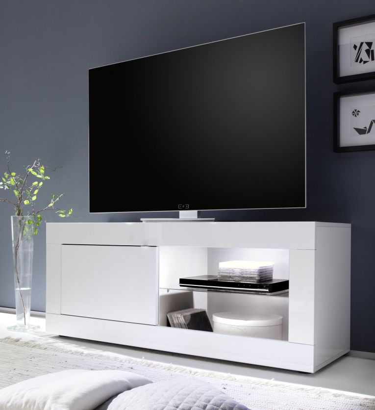 Mobile Porta tv Bianco Lucido 2 Ripiani Apertura Maniglia 140x43x56h cm, 4 Vani Made in Italy - Gambara