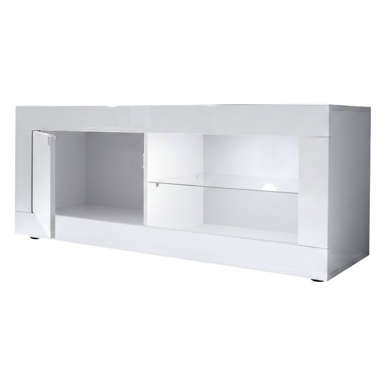 Mobile Porta tv Bianco Lucido 2 Ripiani Apertura Maniglia 140x43x56h cm, 4 Vani Made in Italy - Gambara