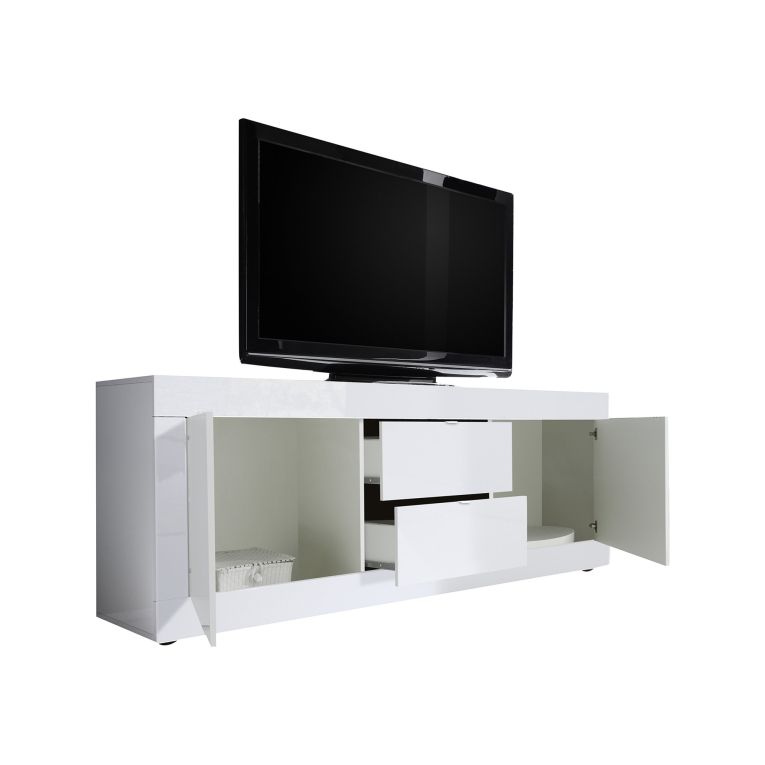 Mobile Porta tv Bianco Lucido 2 Vani Apertura Maniglia 210x43x65h cm, 86 Pollici Made in Italy - Sinello