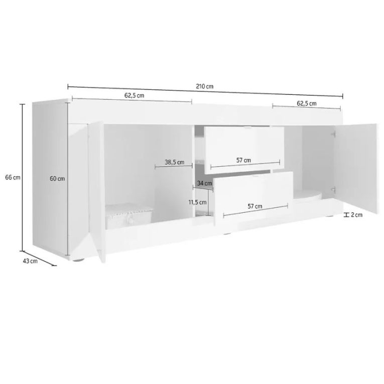 Mobile Porta tv Bianco Lucido 2 Vani Apertura Maniglia 210x43x65h cm, 86 Pollici Made in Italy - Sinello