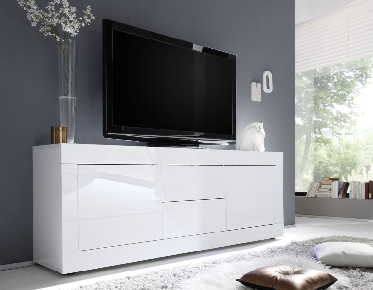 Mobile Porta tv Bianco Lucido 2 Vani Apertura Maniglia 210x43x65h cm, 86 Pollici Made in Italy - Sinello