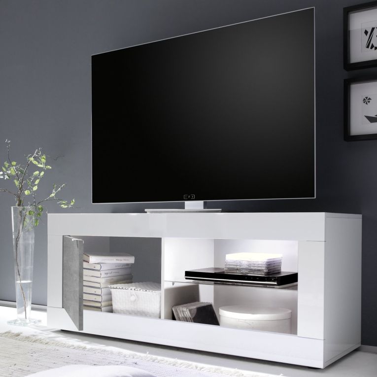 Mobile Porta tv Bianco Lucido Grigio Cemento 2 Ripiani Apertura Maniglia 140x43x56h cm, 4 Vani Made in Italy - Gambara