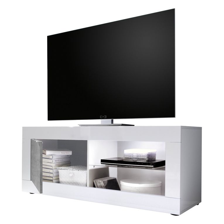 Mobile Porta tv Bianco Lucido Grigio Cemento 2 Ripiani Apertura Maniglia 140x43x56h cm, 4 Vani Made in Italy - Gambara