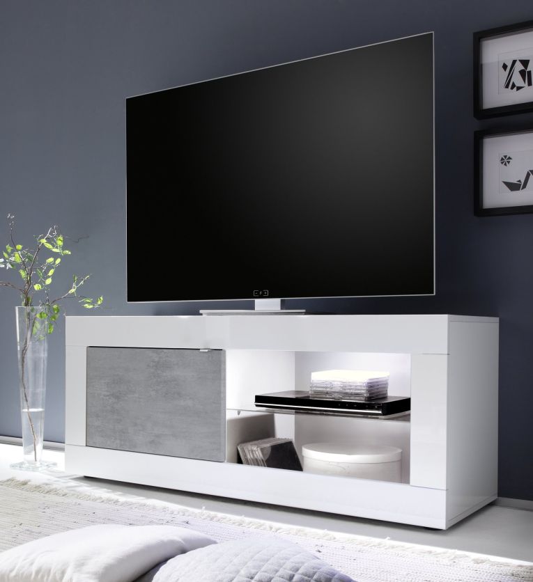 Mobile Porta tv Bianco Lucido Grigio Cemento 2 Ripiani Apertura Maniglia 140x43x56h cm, 4 Vani Made in Italy - Gambara