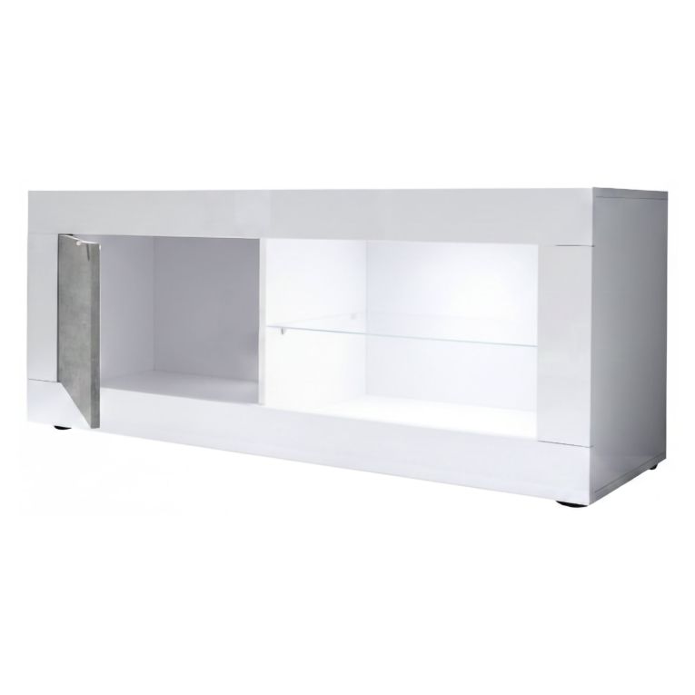 Mobile Porta tv Bianco Lucido Grigio Cemento 2 Ripiani Apertura Maniglia 140x43x56h cm, 4 Vani Made in Italy - Gambara