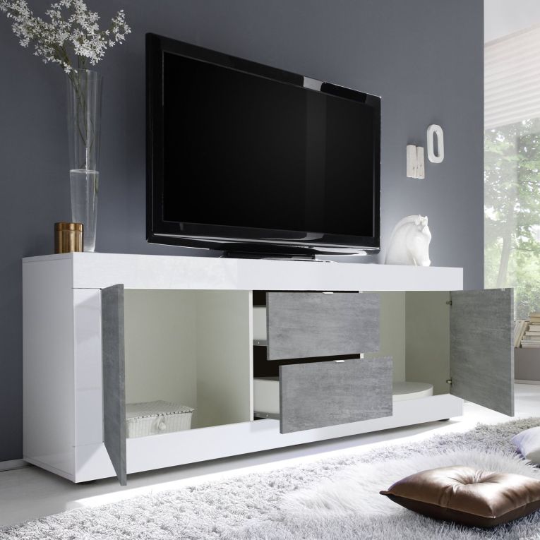 Mobile Porta tv Bianco Lucido Grigio Cemento 2 Vani Apertura Maniglia 210x43x65h cm, 86 Pollici Made in Italy - Sinello