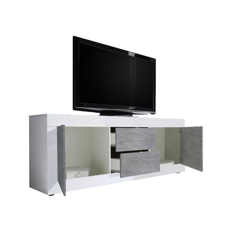 Mobile Porta tv Bianco Lucido Grigio Cemento 2 Vani Apertura Maniglia 210x43x65h cm, 86 Pollici Made in Italy - Sinello