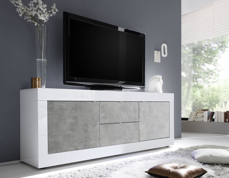 Mobile Porta tv Bianco Lucido Grigio Cemento 2 Vani Apertura Maniglia 210x43x65h cm, 86 Pollici Made in Italy - Sinello