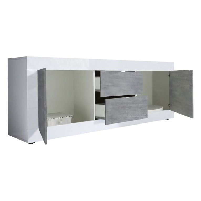 Mobile Porta tv Bianco Lucido Grigio Cemento 2 Vani Apertura Maniglia 210x43x65h cm, 86 Pollici Made in Italy - Sinello