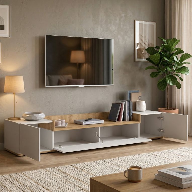 Mobile Porta tv Bianco Lucido Marrone Rovere 3 Ripiani 3 Ante 200x35x30h cm, 4 Vani Made in Italy - Oxanna