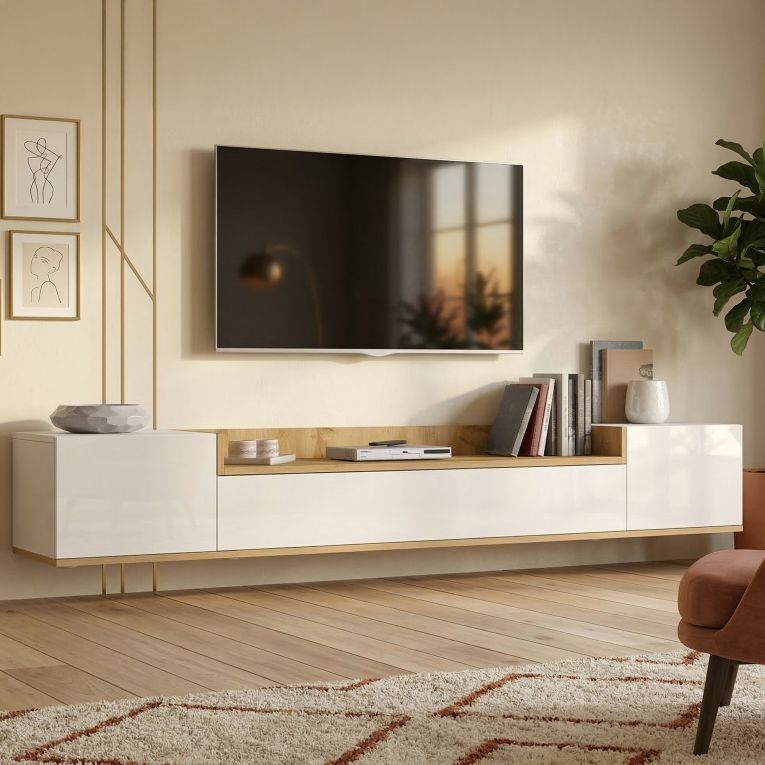 Mobile Porta tv Bianco Lucido Marrone Rovere 3 Ripiani 3 Ante 200x35x30h cm, 4 Vani Made in Italy - Oxanna