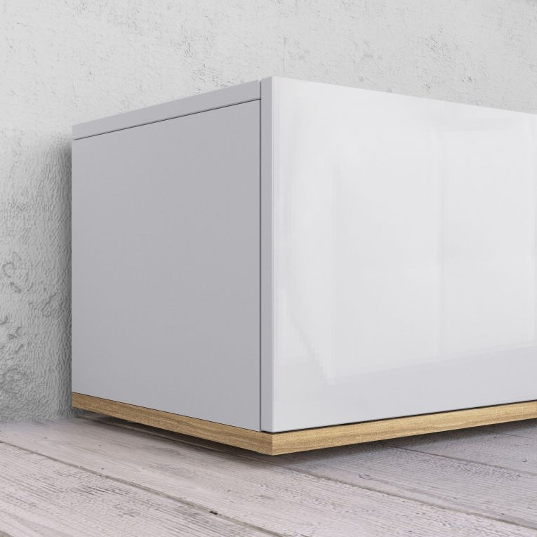 Mobile Porta tv Bianco Lucido Marrone Rovere 3 Ripiani 3 Ante 200x35x30h cm, 4 Vani Made in Italy - Oxanna