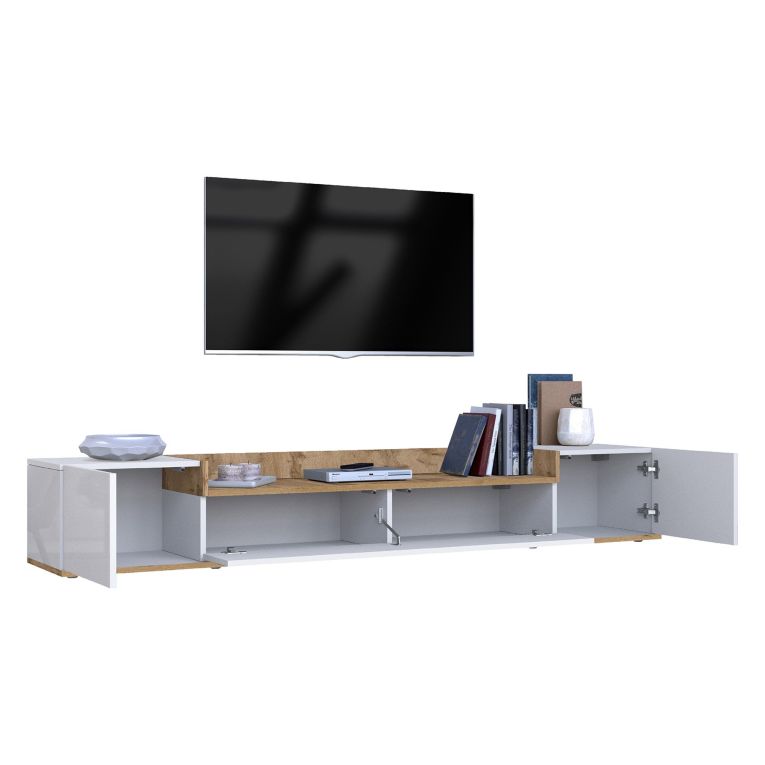 Mobile Porta tv Bianco Lucido Marrone Rovere 3 Ripiani 3 Ante 200x35x30h cm, 4 Vani Made in Italy - Oxanna