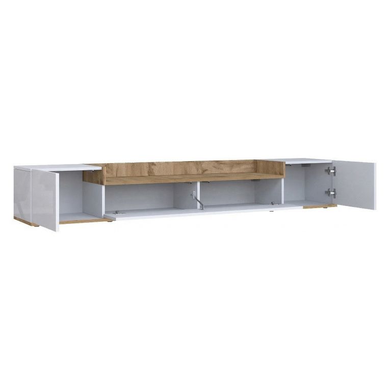 Mobile Porta tv Bianco Lucido Marrone Rovere 3 Ripiani 3 Ante 200x35x30h cm, 4 Vani Made in Italy - Oxanna