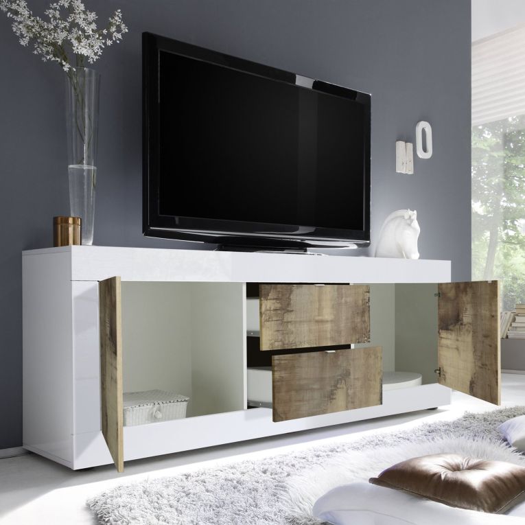 Mobile Porta tv Bianco Lucido un Ripiano 210x43x65h cm, 2 Cassetti - Sinello