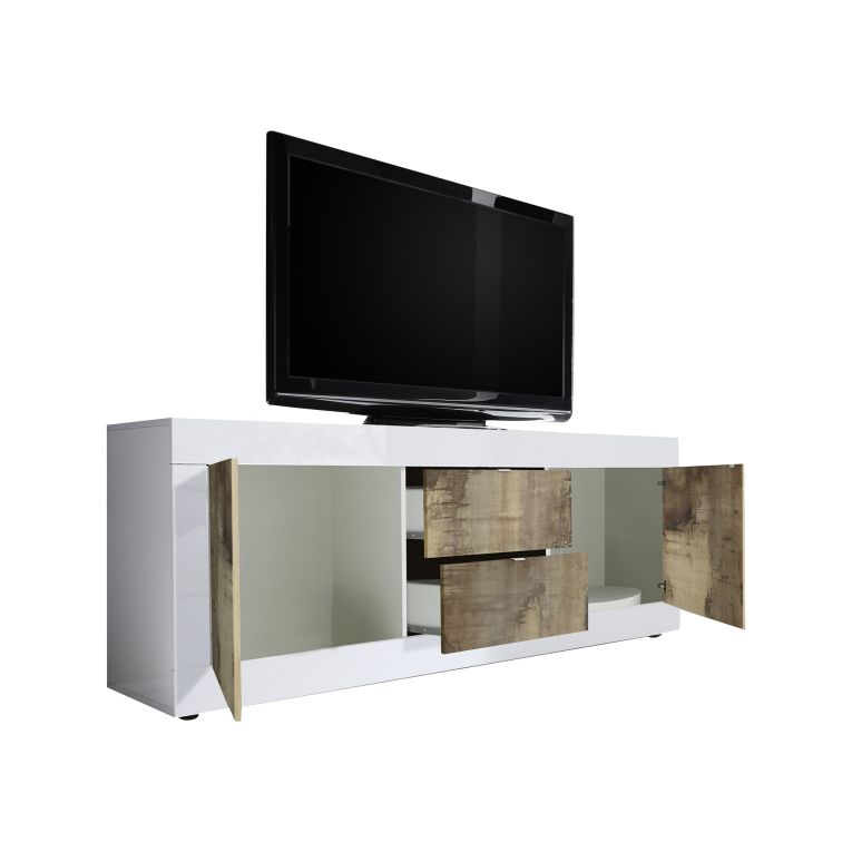 Mobile Porta tv Bianco Lucido un Ripiano 210x43x65h cm, 2 Cassetti - Sinello