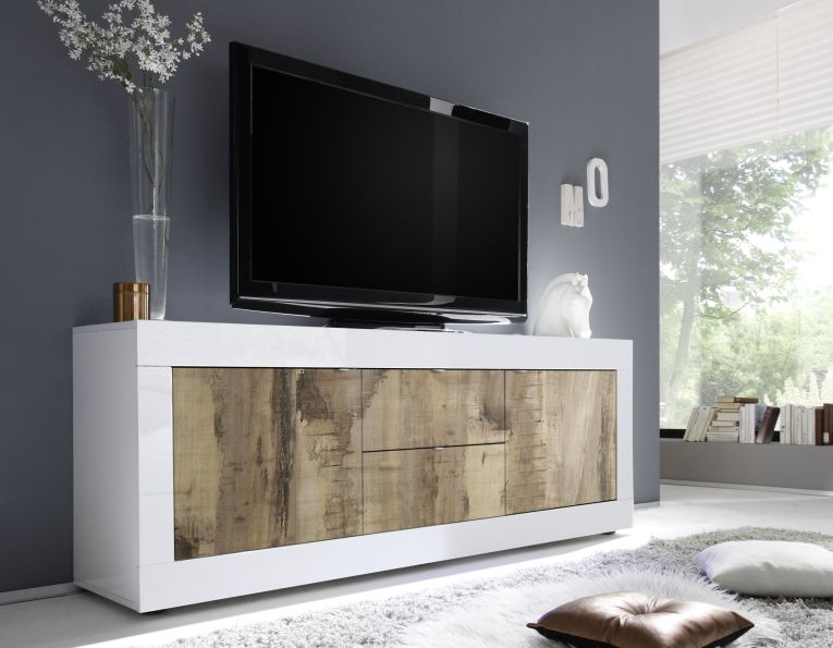 Mobile Porta tv Bianco Lucido un Ripiano 210x43x65h cm, 2 Cassetti - Sinello