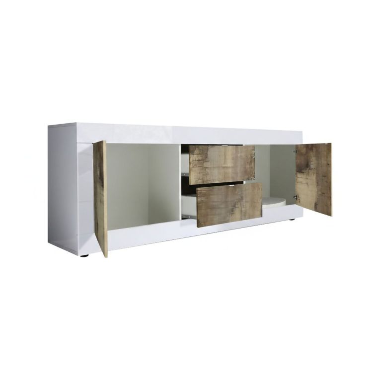 Mobile Porta tv Bianco Lucido un Ripiano 210x43x65h cm, 2 Cassetti - Sinello