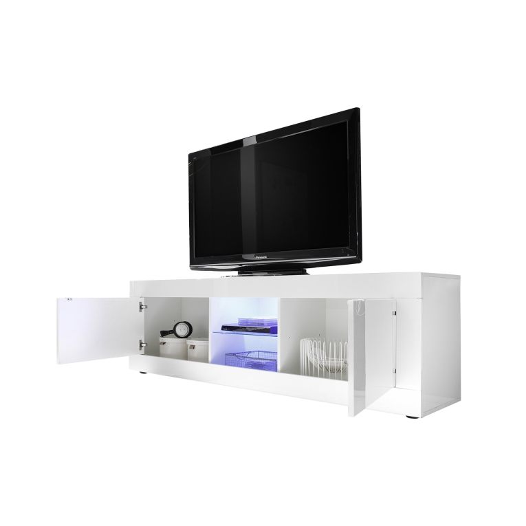 Mobile Porta tv Bianco Lucido un Ripiano Apertura Maniglia 180x43x56h cm, 4 Vani - Massaia