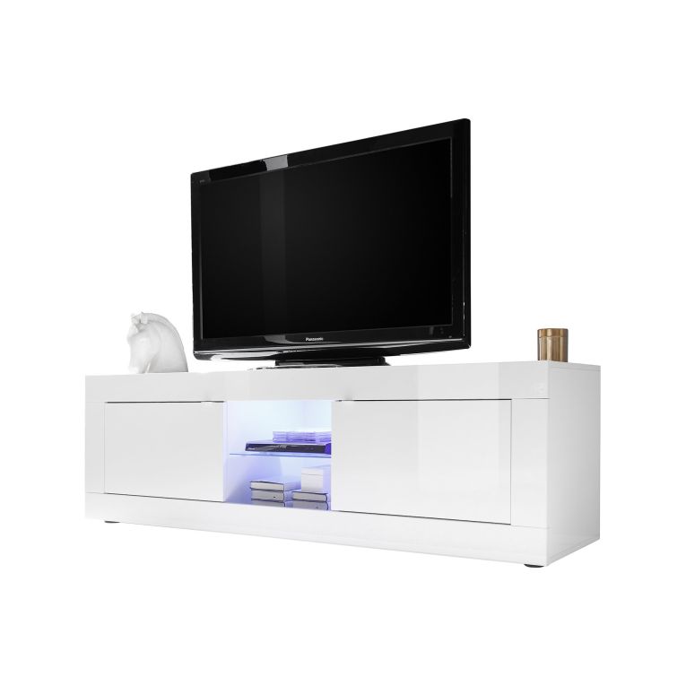 Mobile Porta tv Bianco Lucido un Ripiano Apertura Maniglia 180x43x56h cm, 4 Vani - Massaia