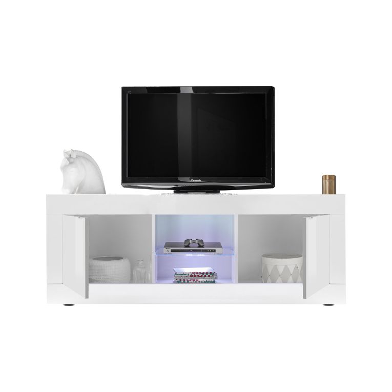 Mobile Porta tv Bianco Lucido un Ripiano Apertura Maniglia 180x43x56h cm, 4 Vani - Massaia
