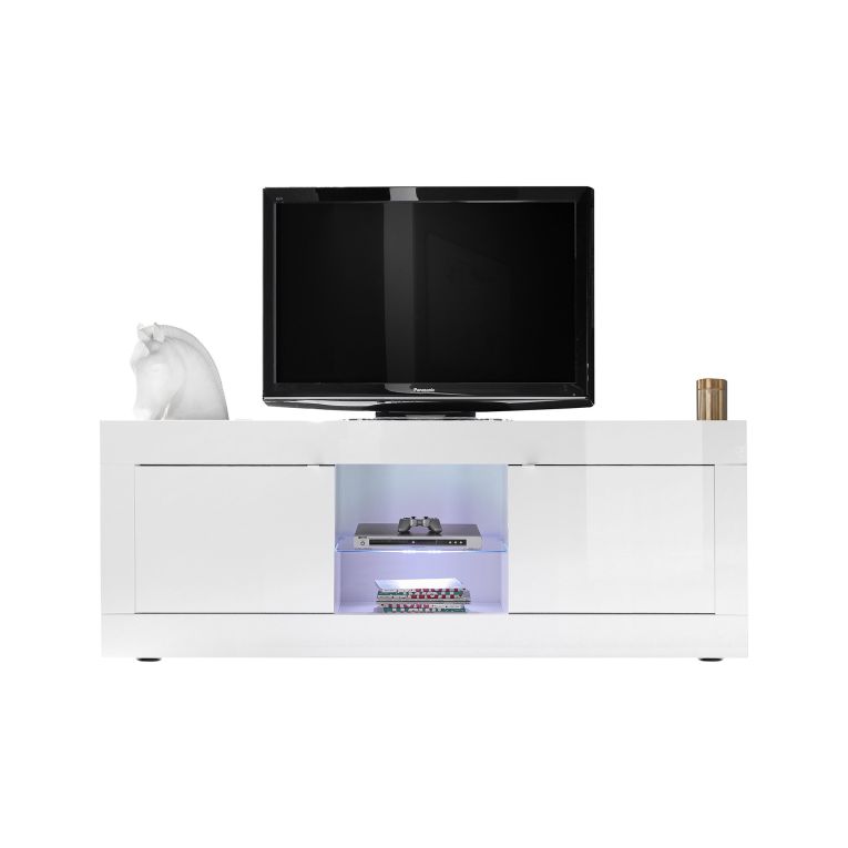 Mobile Porta tv Bianco Lucido un Ripiano Apertura Maniglia 180x43x56h cm, 4 Vani - Massaia