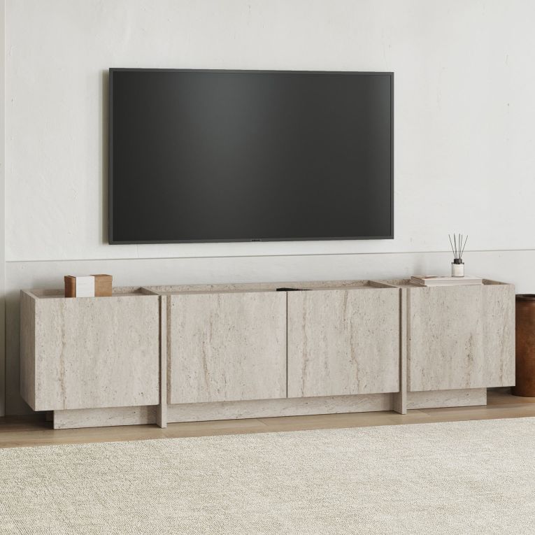 Mobile Porta tv Bianco Marmo Apertura a Ribalta 4 Ante 180x35x46h cm, 4 Vani - Nokadaka