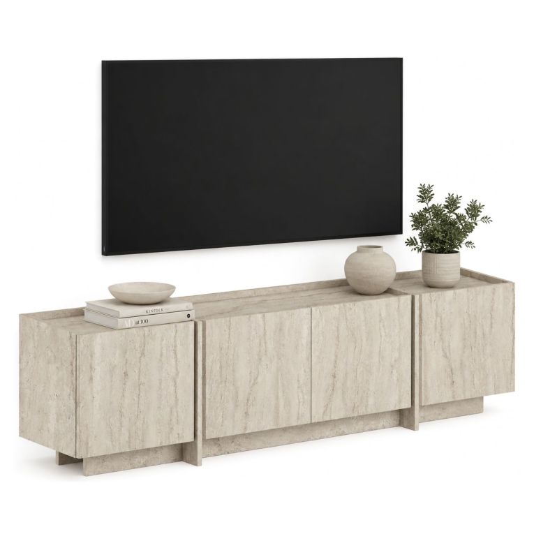 Mobile Porta tv Bianco Marmo Apertura a Ribalta 4 Ante 180x35x46h cm, 4 Vani - Nokadaka