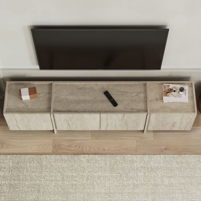 Mobile Porta tv Bianco Marmo Apertura a Ribalta 4 Ante 180x35x46h cm, 4 Vani - Nokadaka